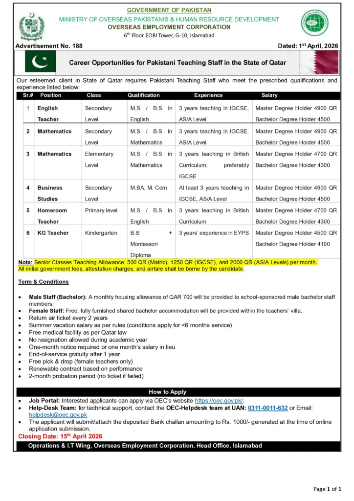 OEC Qatar Teaching Recruitment official advertisement